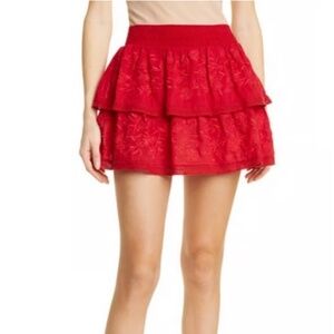 NWT Alice + Olivia Red Tiered Embroidered Mini Skirt Sz 12